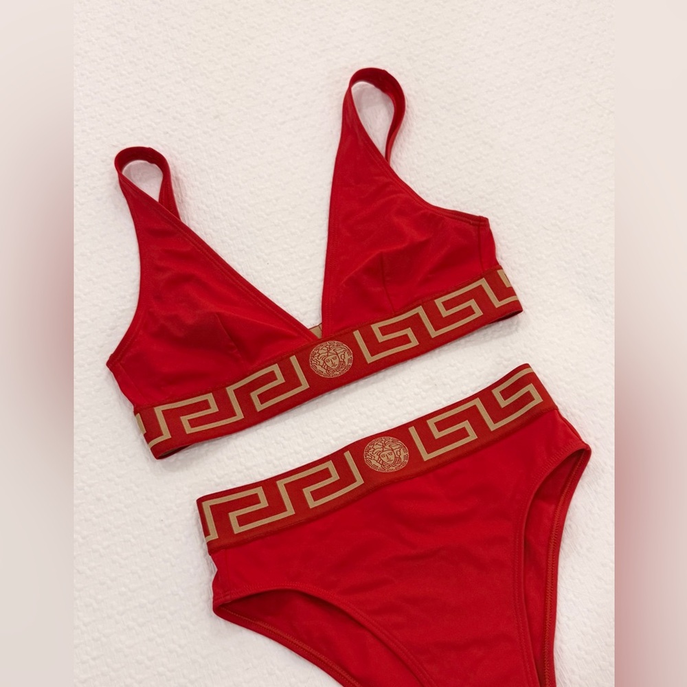 Versace Triangle Bikini Top - SIZE 3 - Nylon-Blend Red & Gold Greca Border
